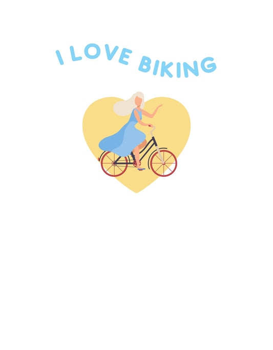 Egy mosolygós nő látható, ahogy szellős, kék ruhában biciklizik egy szív alakú háttér előtt, a "I LOVE BIKING" felirat felett. 