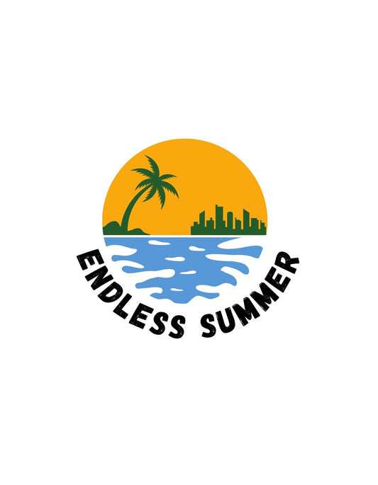 Egy trópusi naplementét ábrázoló dizájn, egy pálmával és a város sziluettjével a háttérben, az "Endless Summer" szöveggel kiegészülve. 