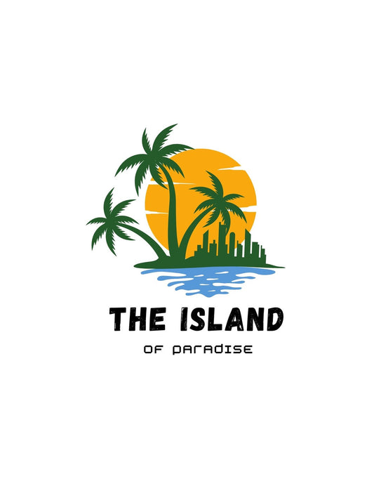 Egy trópusi sziget siluettjét ábrázoló minta, amelyben pálmafák és a lemenő nap látható, a felirat "THE ISLAND of paradise" szavakkal. 