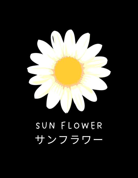 Egy ragyogó napraforgót ábrázol a kép, fekete hátteren, a természetes szépséget és frissességet sugallva. A virág felett angol és japán nyelvű "Sun Flower" felirat látható, amely nemzetközi, kozmopolita életérzést kölcsönöz a dizájnnak. 