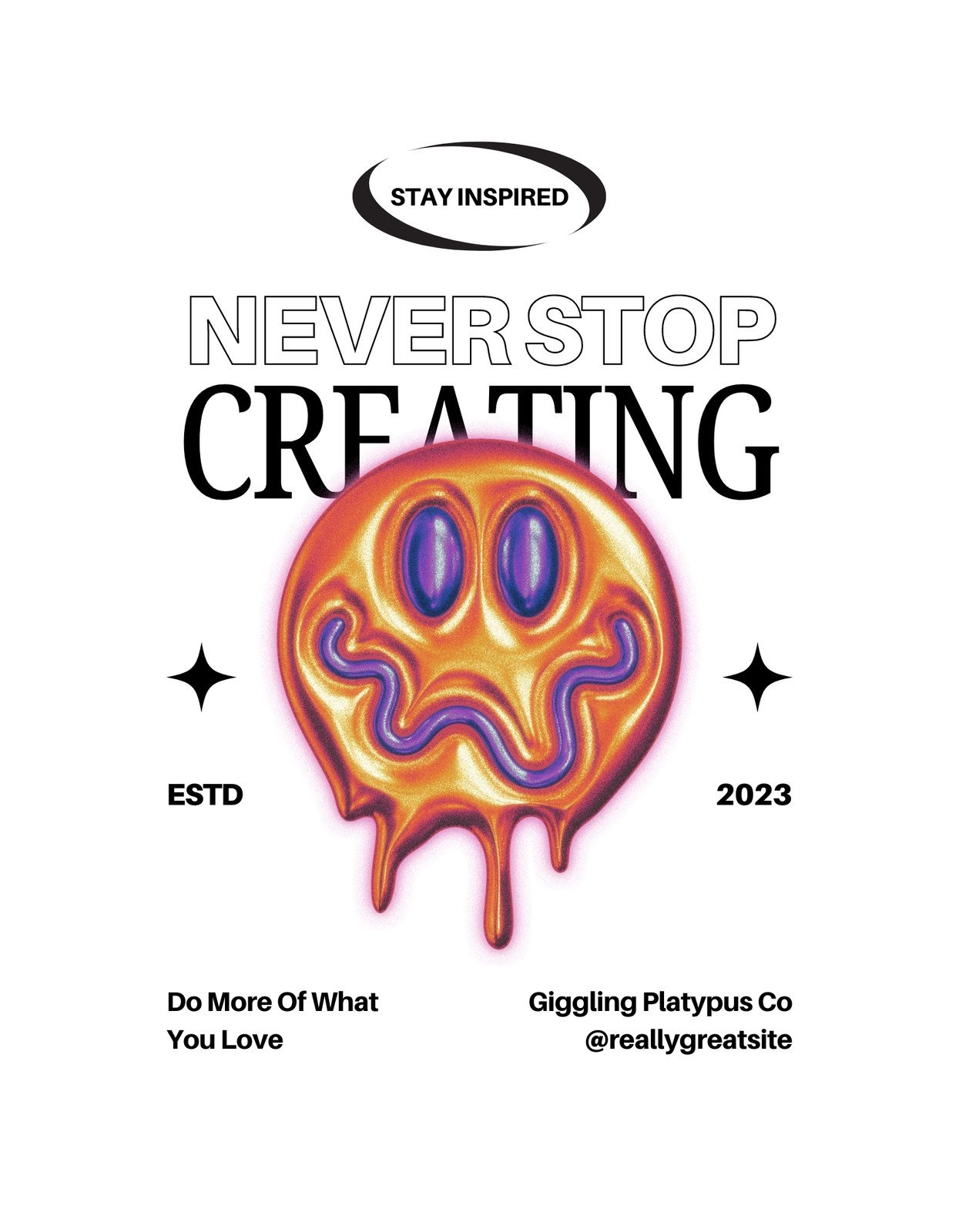Egy színes és energikus kialakítású grafika, amely kiemeli a kreatív energia és önkifejezés fontosságát, a "NEVER STOP CREATING" szöveggel a középpontban. 