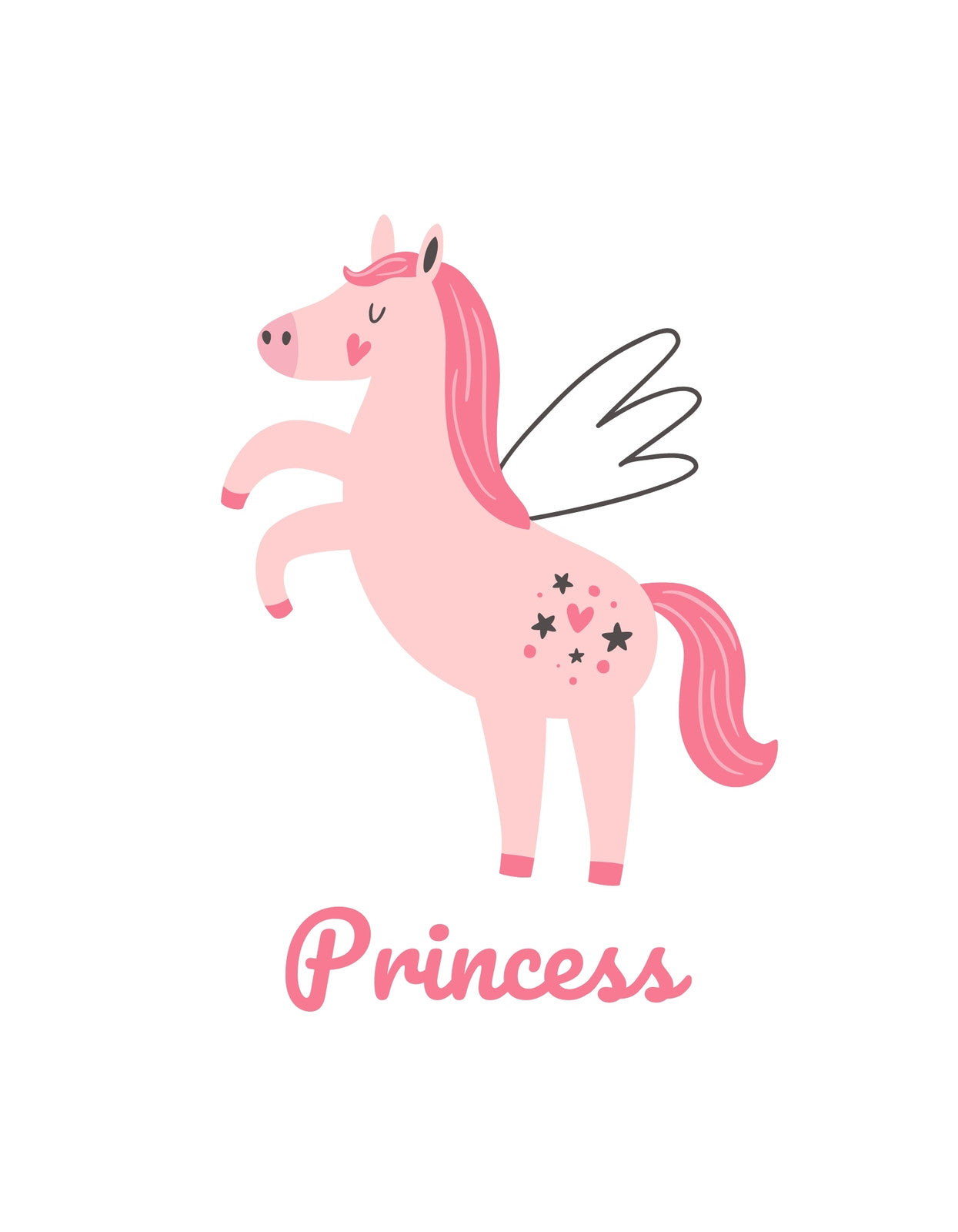 Egy rózsaszín, mosolygós egyszarvút ábrázol az illusztráció, szárnyakkal és csillagokkal díszítve, alatta a "Princess" felirattal. 
