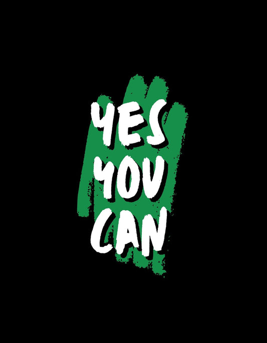 Egy energikus, motiváló felirat "YES YOU CAN" szöveget jeleníti meg zöld háttéren, amely tettre sarkall és pozitív gondolatokat sugároz. 