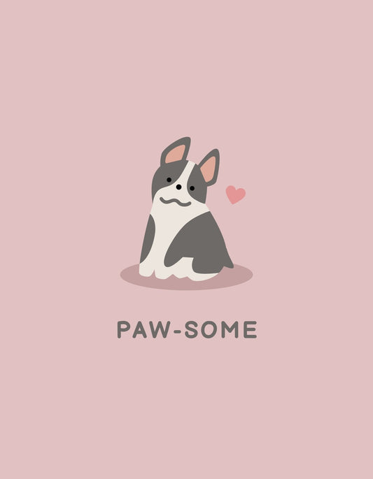 Egy aranyos kiskutya pihen a rózsaszín hátterű képen, szívvel és "PAW-SOME" felirattal, ami játékos hangulatot áraszt. 