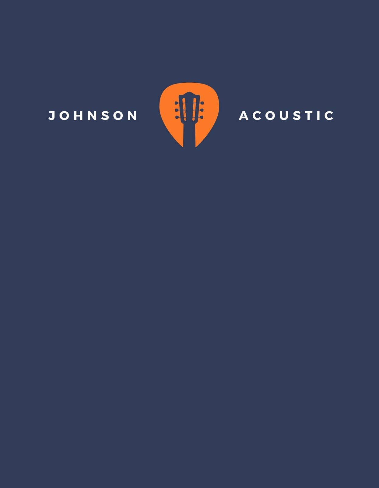 Egy gitárpengető elemet ábrázoló design, ami gitárhúrokat formál, egy narancssárga gitárpengetővel kombinálva, és a "JOHNSON ACOUSTIC" szöveggel a felső részen. 