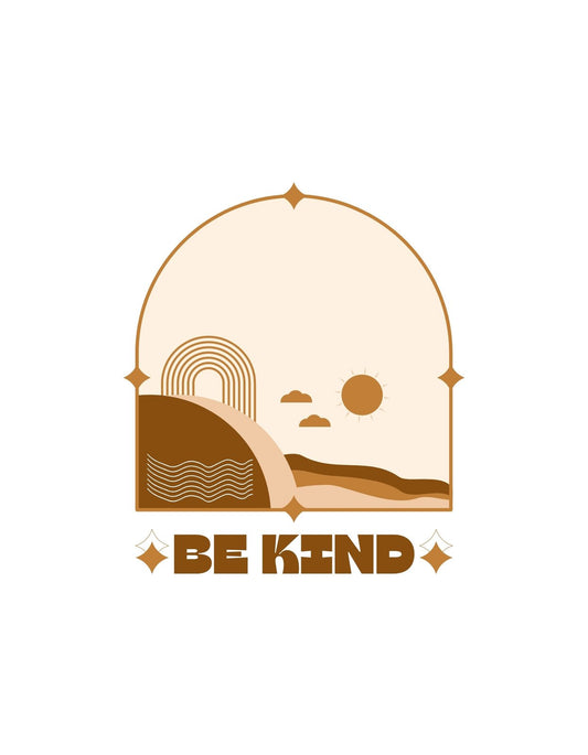 Minimalista naplemente és dombvidéki tájak dominálják ezt a képet, mellette egy inspiráló "BE KIND" üzenettel. Aranyszínű elemek teszik meleg hangulatúvá a design-t. 