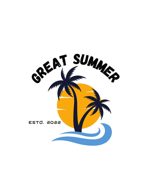 Egy szigetet ábrázoló dizájn, naplementével és pálmafákkal, valamint a "GREAT SUMMER" felirattal, ami a nyári kikapcsolódás és a strandok világát idézi. 
