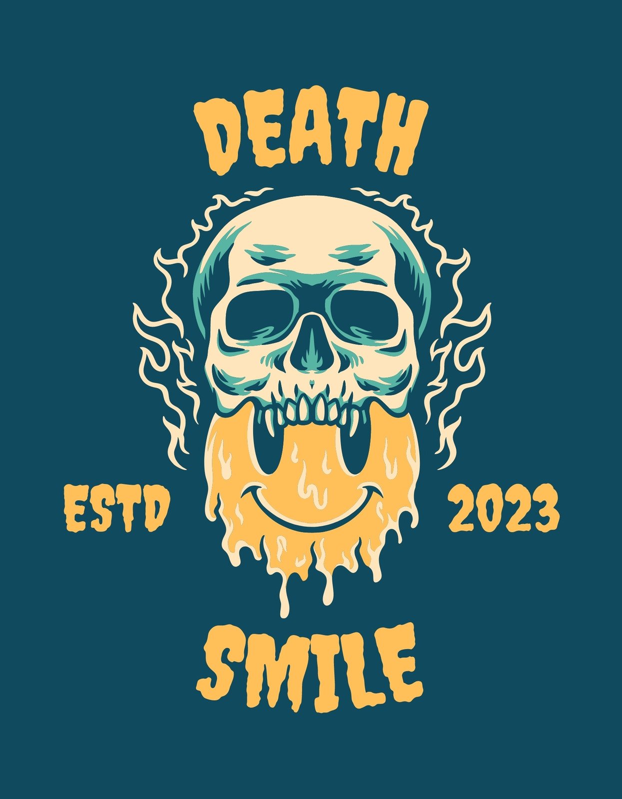 Egy markáns koponya látható lánghajtóként, pulzáló energia és lázadó szellem árad belőle. "DEATH" és "SMILE" feliratokkal, valamint "ESTD 2023" jelzéssel nyomatékosítja az örök fiatalság és a punk attitűd ötvözetét.