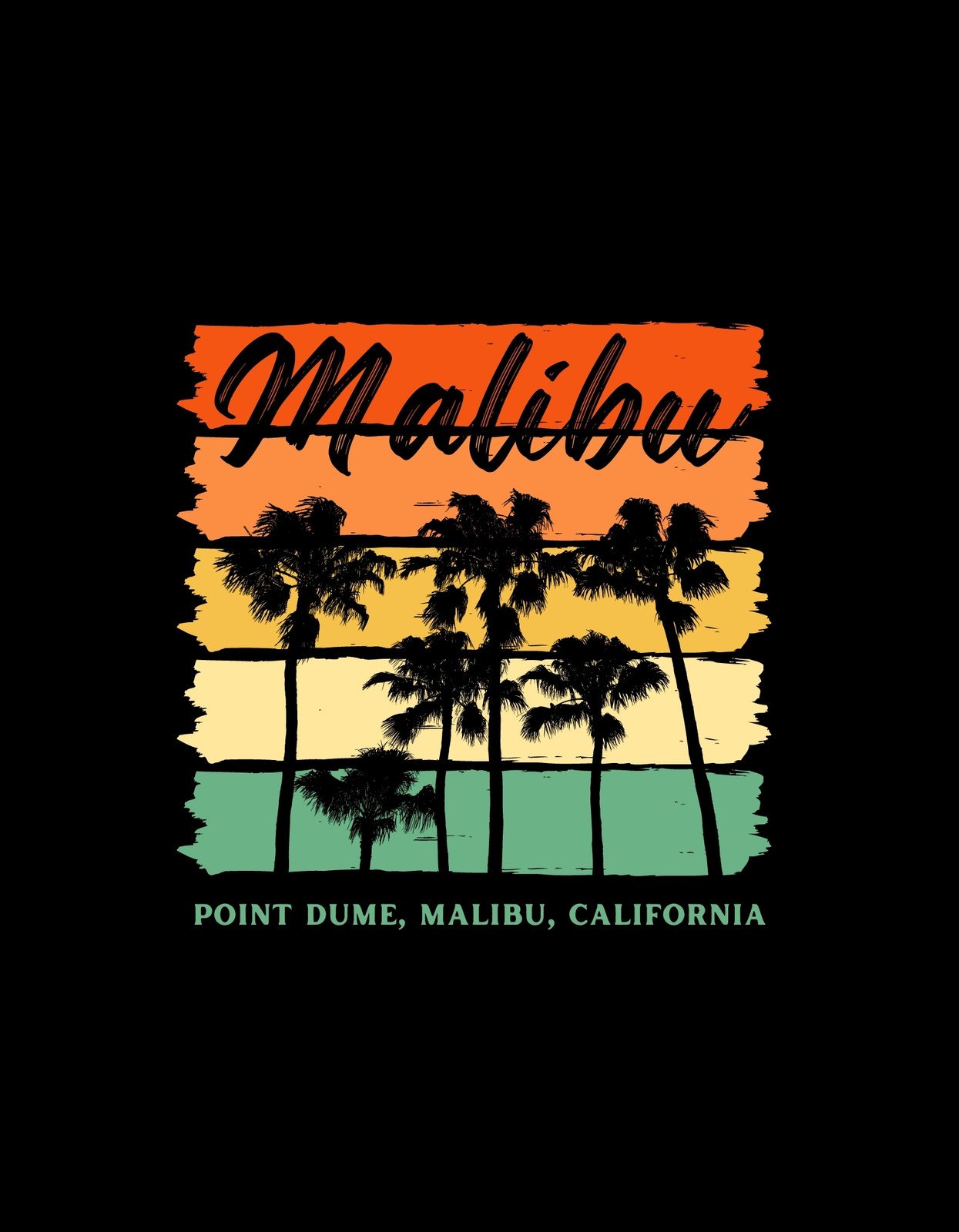 A naplemente árnyalataiban elmerülő pálmafák egy üdítően vibráló, színes háttér előtt, mindez a Malibu felirattal egyesül. 