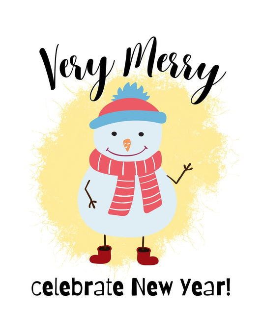 Egy vidám hóember mosolyog ránk ebből az ünnepi hangulatot árasztó tervezésből, meleg sálban és sapkában, körülötte a "Very Merry" és "celebrate New Year!" feliratokkal. 