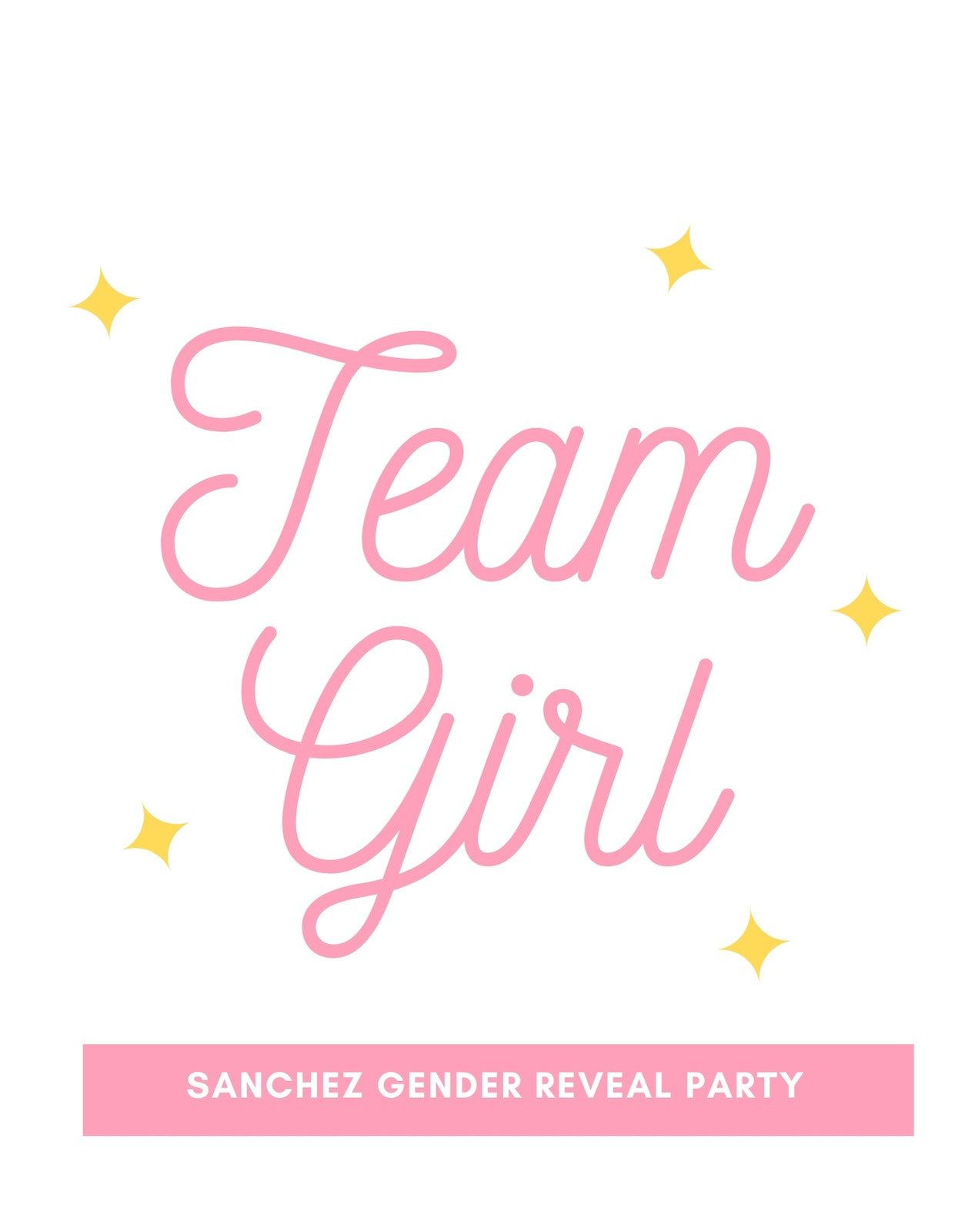  Játékos és vidám design, mely egy "Team Girl" feliratot ábrázol rózsaszín betűtípussal, kiegészítve csillagokkal, jelezve a csatlakozást és ünneplést egy különleges esemény alkalmából. 