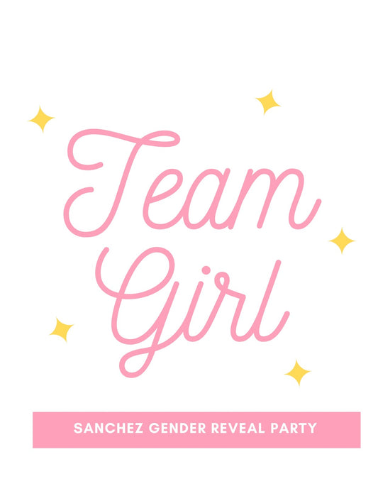  Játékos és vidám design, mely egy "Team Girl" feliratot ábrázol rózsaszín betűtípussal, kiegészítve csillagokkal, jelezve a csatlakozást és ünneplést egy különleges esemény alkalmából. 