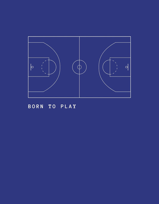 Vonalas kosárlabda pálya tervezetű minta, a "BORN TO PLAY" felirattal alul, sportos és minimalistikus megjelenést kölcsönöz viselőjének. 