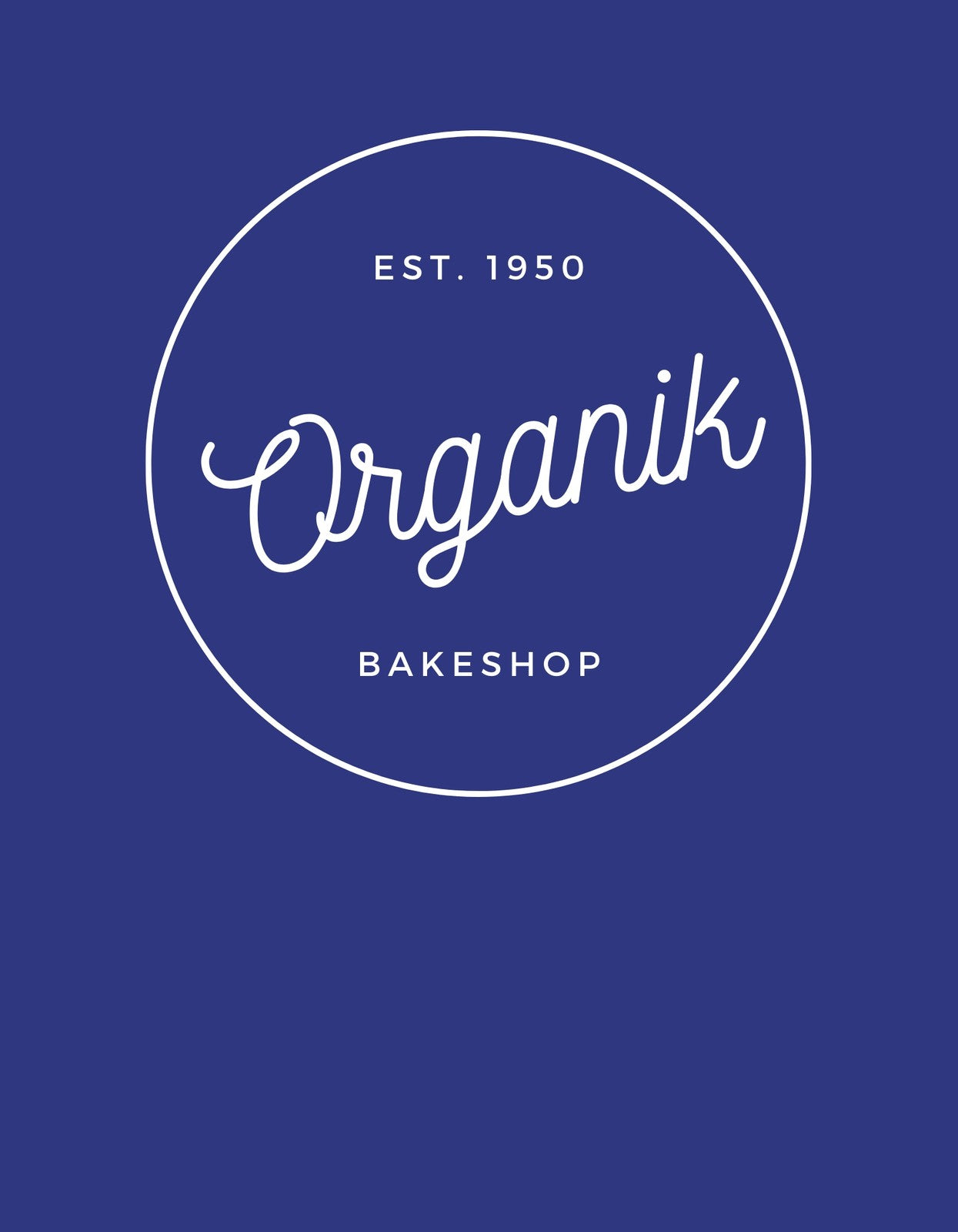 Egy letisztult dizájnnal rendelkező kép a "Organik Bakeshop" felirattal kör alakban, "EST. 1950" dátummal a tetején, ami minőségi, tradicionális hangulatot áraszt.