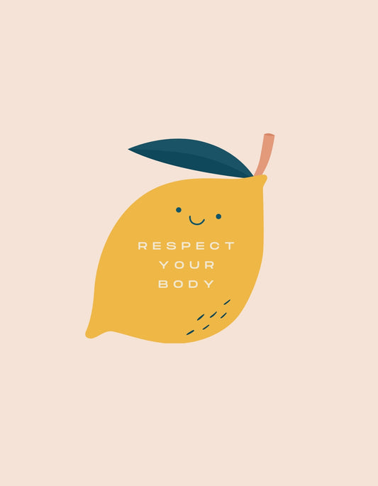 Egy mosolygó citromot ábrázoló vidám grafika, mellyel a testpozitivitást és önszeretetet ünnepli. A citromon egy felirat olvasható: "Respect Your Body." 