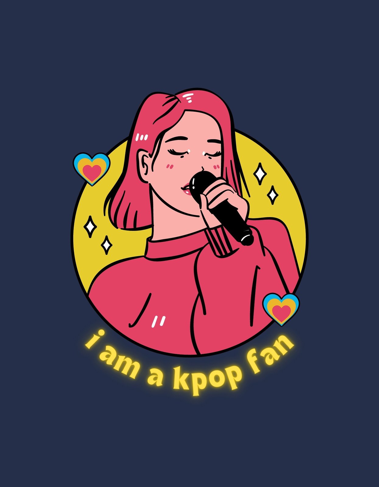 Egy rózsaszín hajú lány énekel egy mikrofonba, körülötte szív alakú díszekkel és "I am a kpop fan" felirattal. 