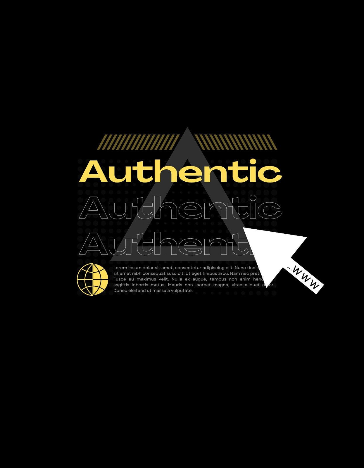 Az erőteljes "Authentic" felirat dominál ebben a modern és minimalista tervezésben, amelyet arany és fehér színek, valamint egy stilizált világ aspektusa tesz teljessé. A dizájn egyértelműen az eredetiséget és az autentikus stílust helyezi előtérbe. 