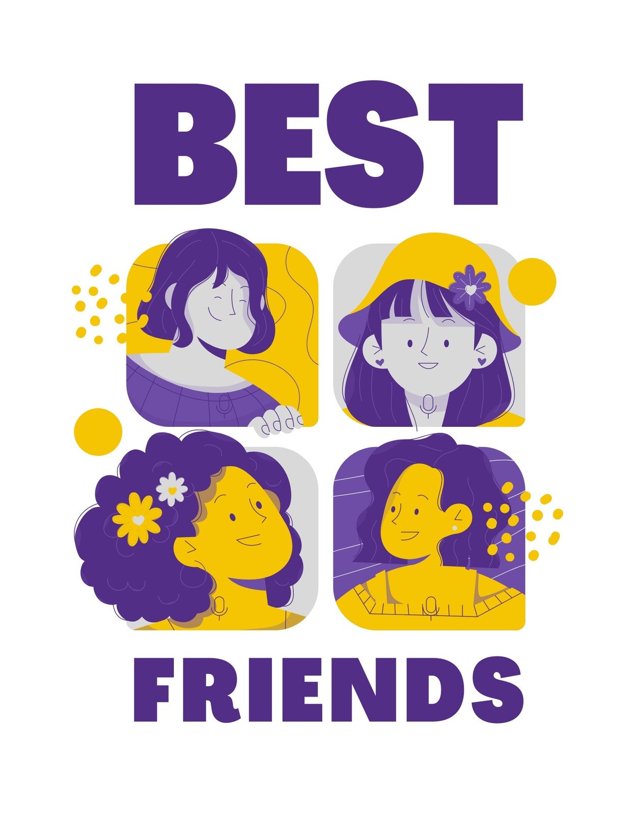 Négy boldog és mosolygó lány arcát ábrázolja ez a vidám és színes dizájn, melyet a "BEST FRIENDS" szöveg tesz teljessé. 