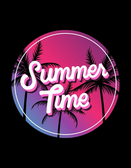 Egy vibráló, nyári hangulatot árasztó dizájn, melyen a "Summer Time" felirat látható élénk rózsaszín és lila árnyalatokkal, körülötte pálmafa sziluettekkel. 