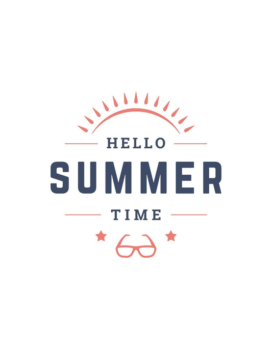 Egy vidám, nyárias hangulatot árasztó grafika, mely a "HELLO SUMMER TIME" feliratot, egy sütő napot és egy szemüveget ábrázol kifinomult színekkel. 