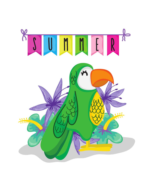 Egy vidám papagáj középpontban, körülötte trópusi növényekkel, a felső részen "SUMMER" felirattal. 