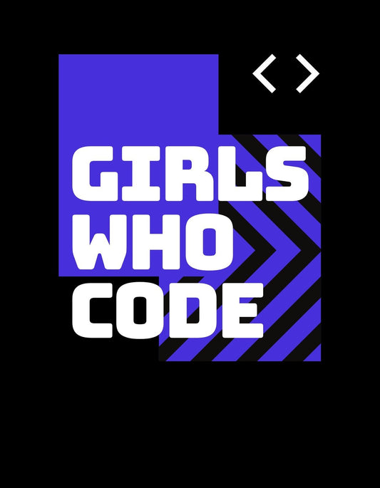 Egy energikus és bátor dizájn jellemzi ezt a képet, ahol a "GIRLS WHO CODE" felirat dominál kék és fekete csíkos háttérrel, jelképezve a női programozók közösségét és erejét. 