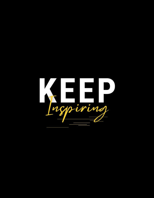 Merész és motiváló design, amely a "KEEP inspiring" szöveget tartalmazza aranyszínű hangsúllyal sötét háttéren. 