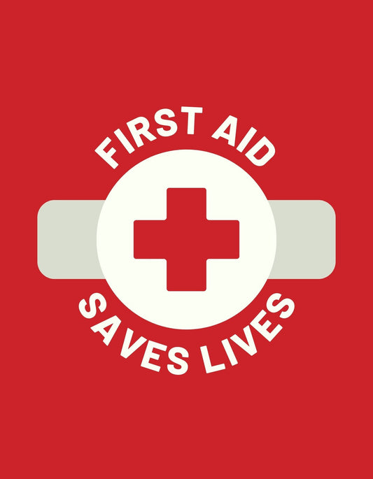 A képen egy elsősegély jel látható piros háttérrel és egy fehér kereszttel, mely körül a "FIRST AID SAVES LIVES" felirat olvasható. 